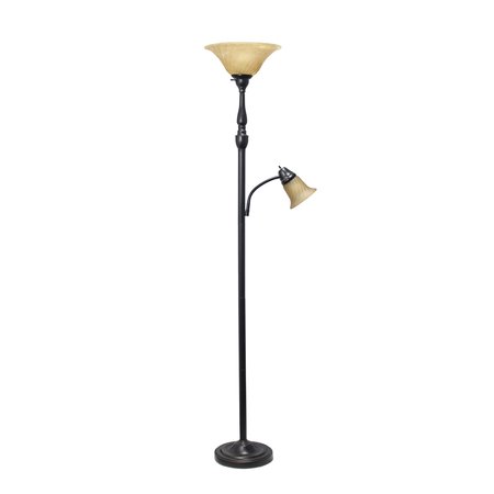 LALIA HOME Torchiere Floor Lamp with Reading Light and Marble Glass Shades, Restoration Bronze and Amber LHF-3003-RA